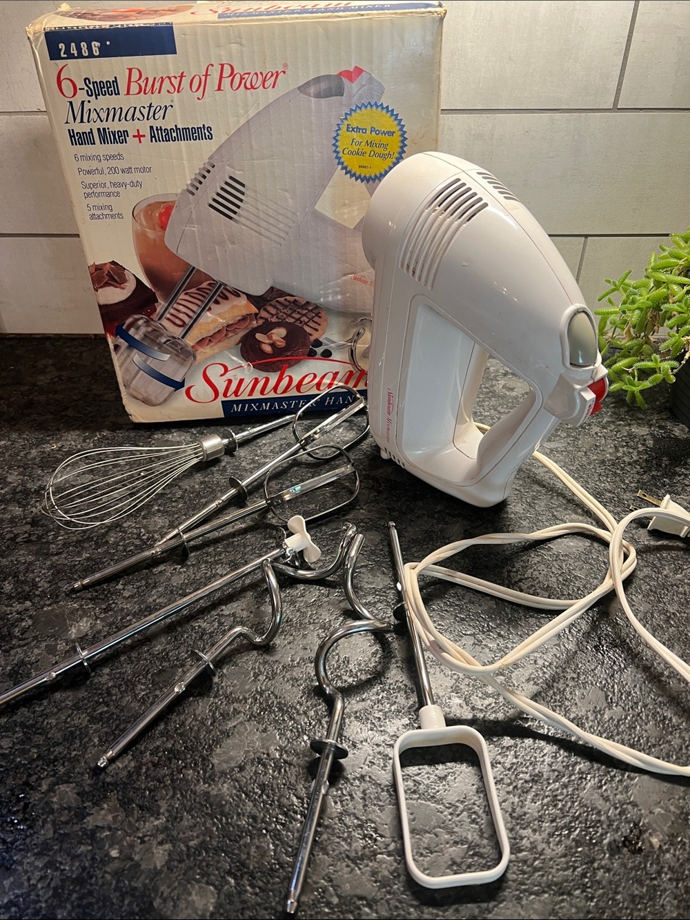 Vintage Sunbeam White 6-Speed Hand Mixer with Multiple Attachments. Works great!